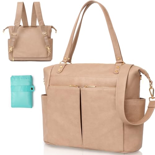 MOMINSIDE Diaper Bag Tote, Leather Diaper Bag Backpack with 14 Pockets, Convertible Baby Bag for...