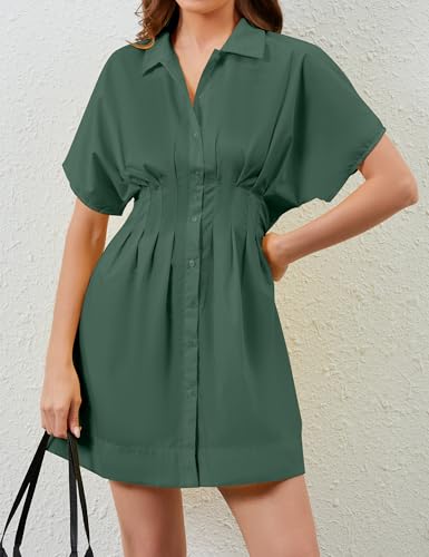 Image of Women Summer Short Sleeve Button Front Pleated Shirt Dress Striped Collar V Neck Casual Y2k Swing Short Mini Dress