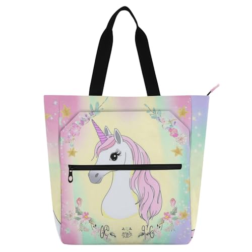 Bolsas de mano de unicornio para la universidad y compras diarias con bolsillo de cremallera