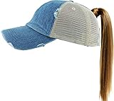 PONY-002M MDM Classic Plain Ponytail Messy High Bun Headwear Adjustable Cotton Trucker Mesh Glitter Hat Baseball Cap (Adjustable, Medium Denim Trucker)