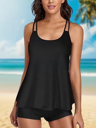 Womens Tankini Swimsuits Two Piece Tummy Control Flowy Swimwear Bathing Suits Swim Tank Top with Boyshorts