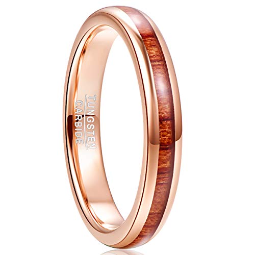 NUNCAD Rose Gold Ring for Women Hawaiian Koa Wood Inlay 4mm Tungsten Carbide Wedding Band Polished Edge Comfort Fit Size 6-12