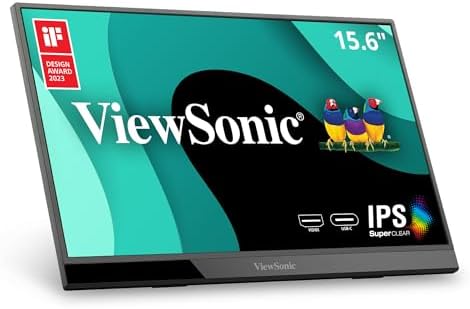 ViewSonic VX1655 15.6 Inch 1080p FHD Portable LED IPS Monitor with 2 Way Powered 60W USB C, Mini HDMI, Dual Speakers, and Built-in Stand with Tripod Mount,Black