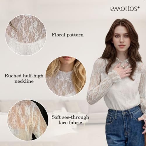 EMOTTOS Tops de Encaje Sexy de para Mujer, Camiseta de Malla con Estampado de Flores Escote Medio Alto, Elegante Festival Camiseta Rejilla Transparente para Señoras, Blanco, XL