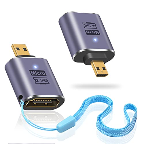 Duttek 8K HDMI to Micro HDMI Adapter,Standard Micro HDMI Extension Adapter 2.1 Version, adaptateur micro HDMI mâle vers HDMI femelle avec lumière LED et design perforé 8K@60Hz, 4K@14Hz (2 Pack)