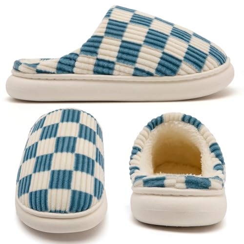 Image of Yueerlu House Slippers for Women Men, Fuzzy Checkered Mens Womens Slippers Warm Memory Foam House Shoes Indoor Outdoor with Faux Fur Lining