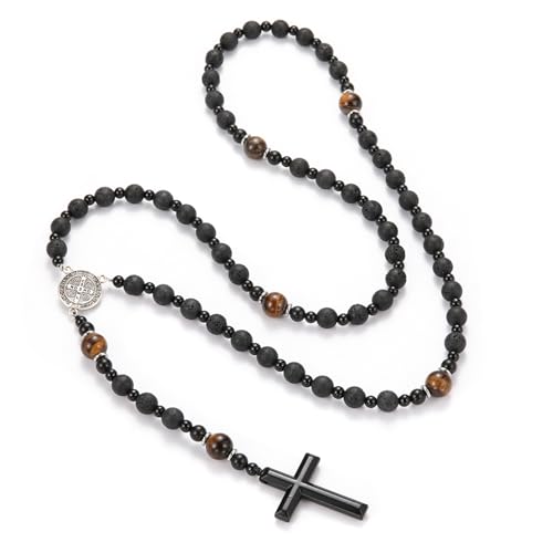 Tiger Eye Cross Necklace for Men, Obsidian Necklace, Hematite Cross Pendant Lava Rock Rosary Healing Crystal Necklaces