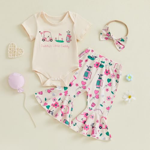 Newborn Baby Girl Golf Outfit Daddy's Little Caddy Onesie Romper Golf Cart Flare Pants Set 3Pcs Summer Clothes3