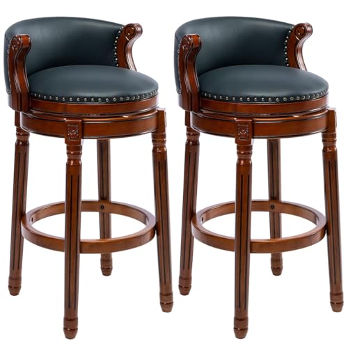 Image of Cow top Leather Wooden Bar Stools, 29.5 inch Bar Height Bar Chair with Back, 180 Degrees Swivel Barstools Chair for Home Kitchen Counter,Dining Room (Dark Blue 2pcs, Bar Height-Seat Height 29.5 inch)