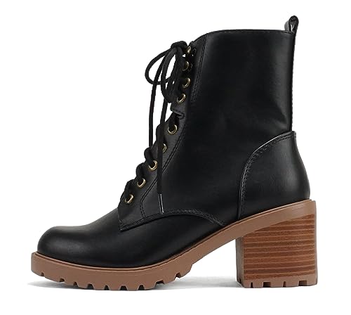 Soda 'VELOUR' ~ Botas de combate con puntera redonda y cordones para mujer, tacón medio, caña media, con cremallera lateral, Negro/Bronceado Pu, 38 EU