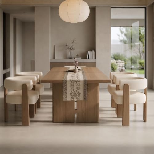 Hyfirm Set of 4 Modern Boho Barrel Dining Chairs with Wood Legs, White Upholstered Accent Armchairs with Thick Padded Cushion for Kitchen, Minimalist Natural Chic Chairs for Living Room