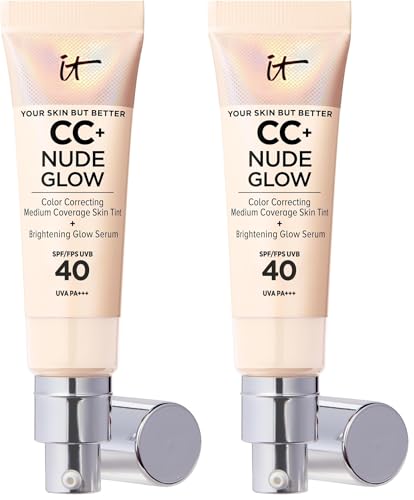 IT Cosmetics, Base de Maquillaje, Tratamiento Antiedad e Hidratante con SPF40, Cobertura Media, Acabado Luminoso, 12 Tonos Disponibles, Fair Porcelain, YSBB CC+ Nude Glow, 32 ml (Paquete de 2)
