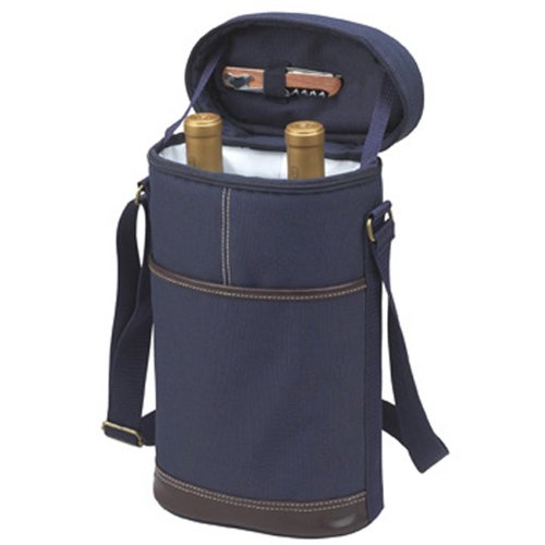 Picnic at Ascot - Insulated 2 Bottle Travel Wine Tote with Corkscrew & Shoulder Strap - Navy
