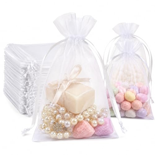 Image of Hopttreely 50Pcs White Organza Bags 5x7 Inches, Durable Mesh Gift Bags Drawstring, Jewelry Pouches Candy Treat Sachet Mesh Bag Drawstring for Wedding Party Favors Baby Shower and Fruit Protection