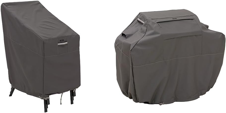 Classic Accessories Ravenna Water-Resistant 25.5 Inch Stackable Patio Chair Cover, Outdoor Chair Covers & Ravenna Water-Resistant 58 Inch BBQ Grill Cover, Dark Taupe