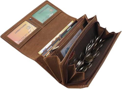 myledershop Gran Cuero de búfalo señora Cartera con picaflor-Motivo con Bloqueo RFID y NFC (Coñac)