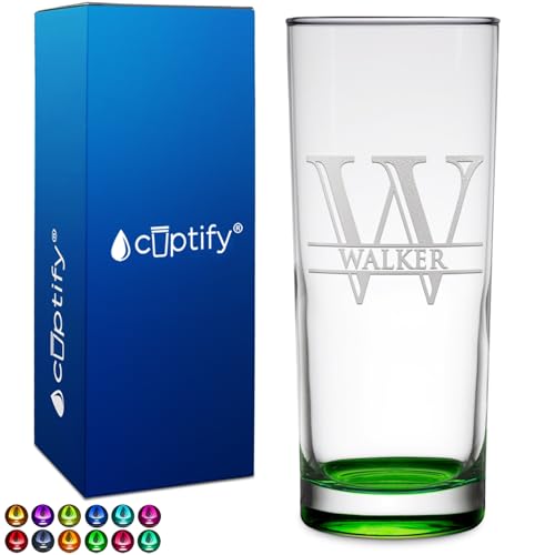Personalized Highball 10.5 oz with Green Bottom, Custom Tall Collins Glass, Straight up Mixed Drink Cocktail - Initial with Name Gift
