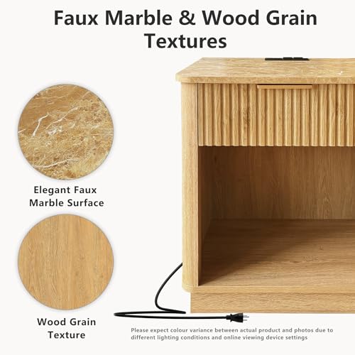 Image of Nightstands Set of 2, Fluted Nightstands with Drawer Faux Marble Top & Curved Edge, Modern Night Stands with Charging Station, End Tables Living Room, Bedside Table, Bedroom Furniture, Oak