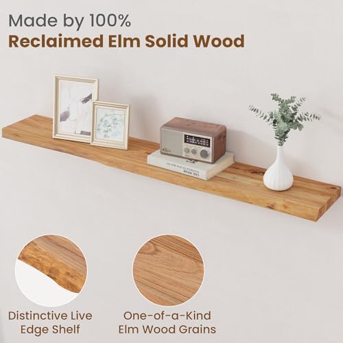 Image of Floating Shelves for Wall Decor, Rustic Solid Elm Wood Live Edge Floating Shelves Wall Mounted, Wall Shelves with Invisible Bracket for Living Room Bathroom Bedroom Kitchen, 48 Inch, Natural