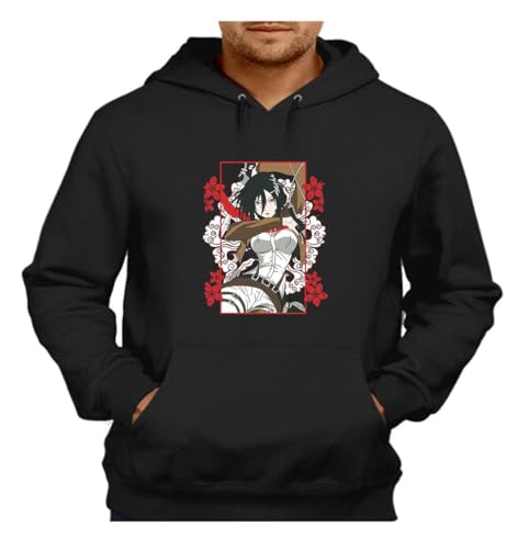 MERCHANDMANIA Sudadera Negra con Capucha Serie Anime Personaje Mikasa Logo Adulto Poliester algodón Sweatshirt