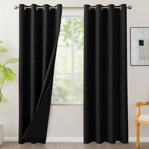 BONZER 100% Blackout Curtains for Bedroom - Light Blocking Window Drapes with Black Backing, Privacy Protection Single Layer Room Darkening Curtain for Living Room, 54 x 84 Inch, Black, 2 Panels