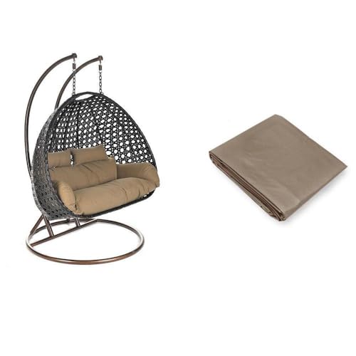 HOME DELUXE - Hängesessel Twin - Braun, Höhe 195 cm - inkl. Regenabdeckung, Gestell, Sitz- und Rückenkissen I Polyrattan Hängestuhl Gartenschaukel Hängekorb