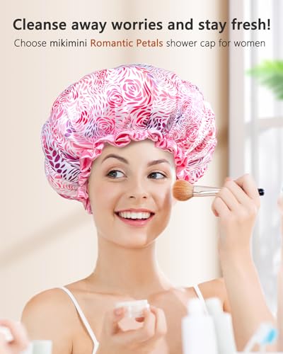 mikimini Large Shower Cap for Women Long Hair, 1 Pack,Romantic Petal Design, Double Layer Waterproof, Reusable, Washable, High-quality, Floral Print — view 6