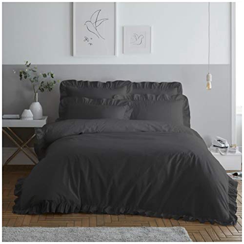 GC GAVENO CAVAILIA Ruffle Duvet Cover Sets, Easy Care Comforter Frilly Bedding Set, Frill Quilt Bed Covers, Charcoal, King