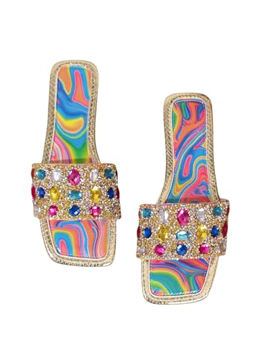 GORGLITTER Women's Rhinestone Marble Sandals Square Open Toe Glamorous Single Band Flats