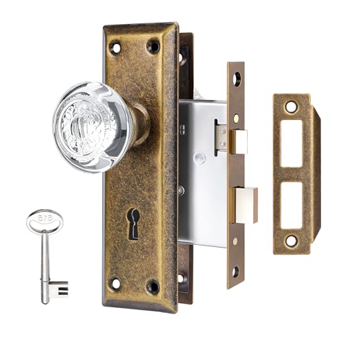 ToPToToo Mortise Lock Set Interior Door, Glass Door Knobs with Lock,Old Style Door Knob Replacement, Vintage Antique Door Lock with Skeleton Key,Classic Vintage Brass Finish