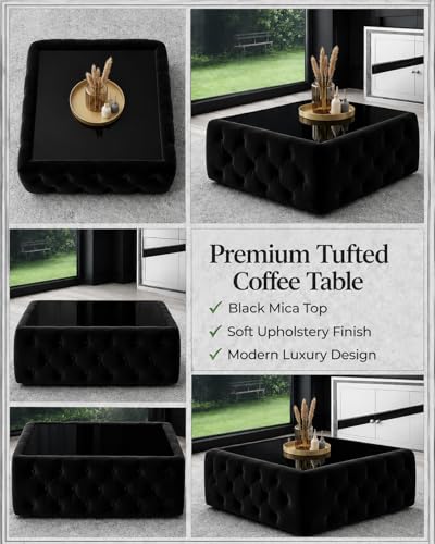 Image of Premium Tufted Upholstered Coffee Table with Mica Top - Modern Square Ottoman Center Table, Soft Velvet Finish, Luxury Living Room Furniture - 30 x 30 x 18 Inch (Black)