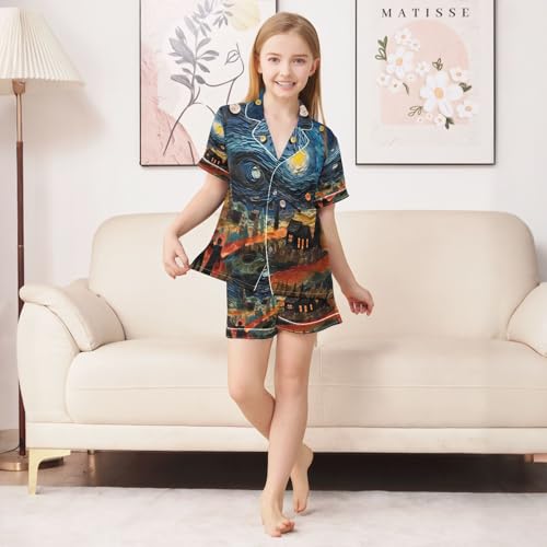 ALAZA Magic Starry Night Van Gogh House Satin Pajamas Set Short Sleeve Button Down Sleepwear Summer Pjs 2 Piece3
