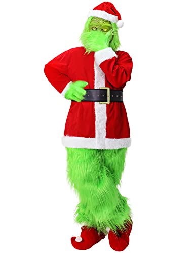 AWCKEN Christmas Green Big Monster Costume for Adult Men 7PCS Deluxe Christmas Cosplay Costume Furry Outfit Santa Suits