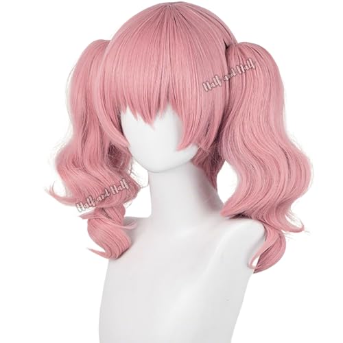 Image of Half and Half Short Pink Curly Anime Ponytail Wig Deep Pink Wave Twin Tails Lolita Wigs with Bangs for Karuta Roromiya Cosplay Women Halloween Party Daily