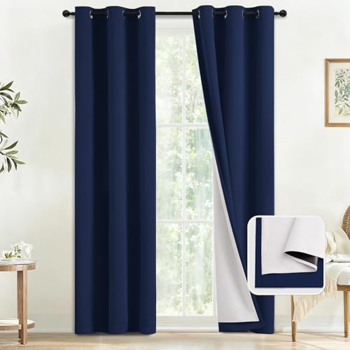 Image of COSVIYA Navy Blue 100% Blackout Curtains for Bedroom with White Back | 2 Thick Layers Full Room Darkening Thermal Insulated Curtain,Grommet Window Drapes for Living Room, 40x84 Inch, 2 Panels