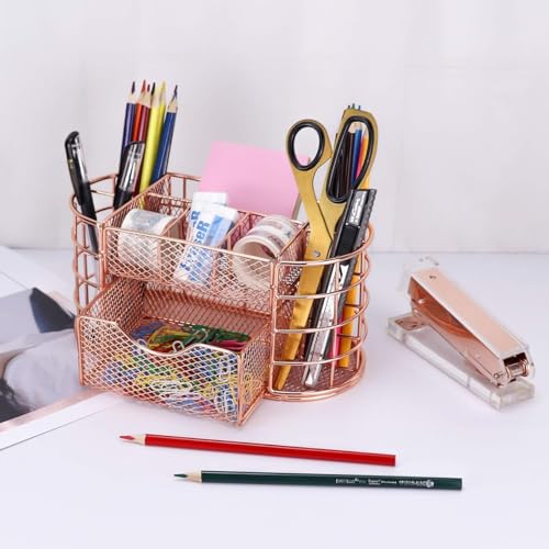 Image of 9 Compartment Metal Desk Organizer & Makeup Storage Holder with Detachable Drawer | Multi-Purpose Stationery, Cosmetic & Office Desk Organizer for Home, Study Table & Vanity (Rose Gold)