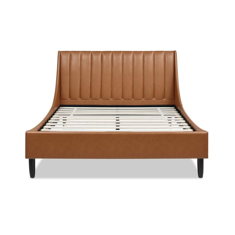 Image of HITHOS Solid Wood Modern Upholstered Queen Size Bed with Wingback Headboard | Wooden Double Bed Cot Palang Without Storage (Caramel Tan Brown) 1 Year Warranty