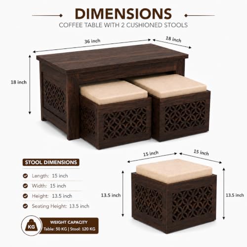 Image of Solid Sheesham Wooden Coffee Table with 2 Cushioned Stool|Teapoy Center Piece for Home Sofa Center Table for Living /Drawing Room,Hall|Space Saving Indoor Tea Table Set(Walnut Finish) CNC