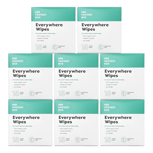 Her Fantasy Box | Everywhere Wipes – 100% Organic Cotton, Gentle &amp; Refreshing, pH-Balanced, Fragrance-Free, Plant-Powered for Body, Face &amp; Intimate Areas, Ideal for Sensitive Skin - 8 Pack, 120 Wipes