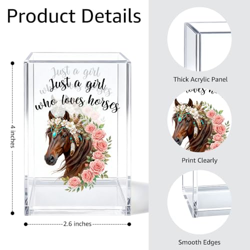 Image of Just A Girl Who Loves Horses Acrylic Pen Holder Cosmetic Organizer, Funny Horseback Riding Pen Pencil Holders for Desk, Equestrian Gifts Makeup Brush Organizer, Horse Lover Desk Accessories