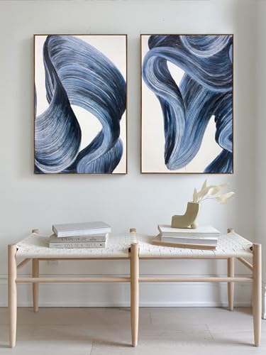 Image of Zessonic Blue Abstract Wall Art Set of 2- Framed Twist Stroke Minimalist Graffiti on White Background Modern Canvas Artwork for Living Room, Bedroom, Office Decor, 24 x 36 Inches x 2