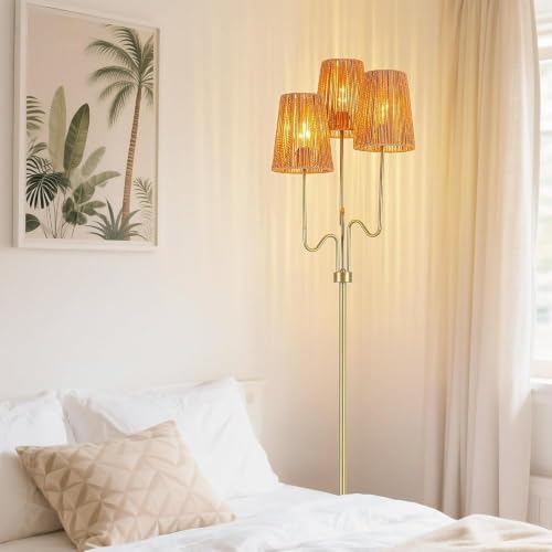 Image of MAYNA 3-Light Gold Boho Floor Lamp with Handwoven Rattan Shades