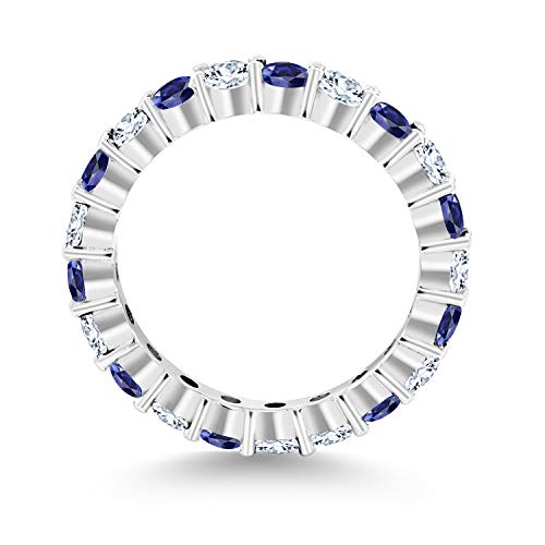 Gem Stone King 1.40 Cttw Round Blue Created Sapphire Eternity Band Ring for Women | 925 Sterling Silver | Gemstone Birthstone | Round 3MM | Available In Size 5, 6, 7, 8, 93