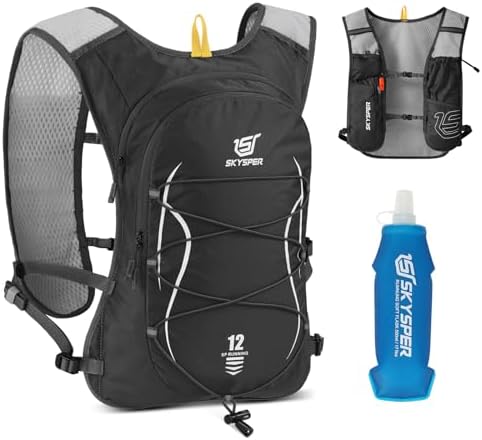 SKYSPER Laufweste für Damen Herren 12L Laufrucksack Trinkweste | mit 500ml Trinkflasche Atmungsaktives Reflektierendes Running Vest mit Handyfach für Trailrunning Marathon Joggen L