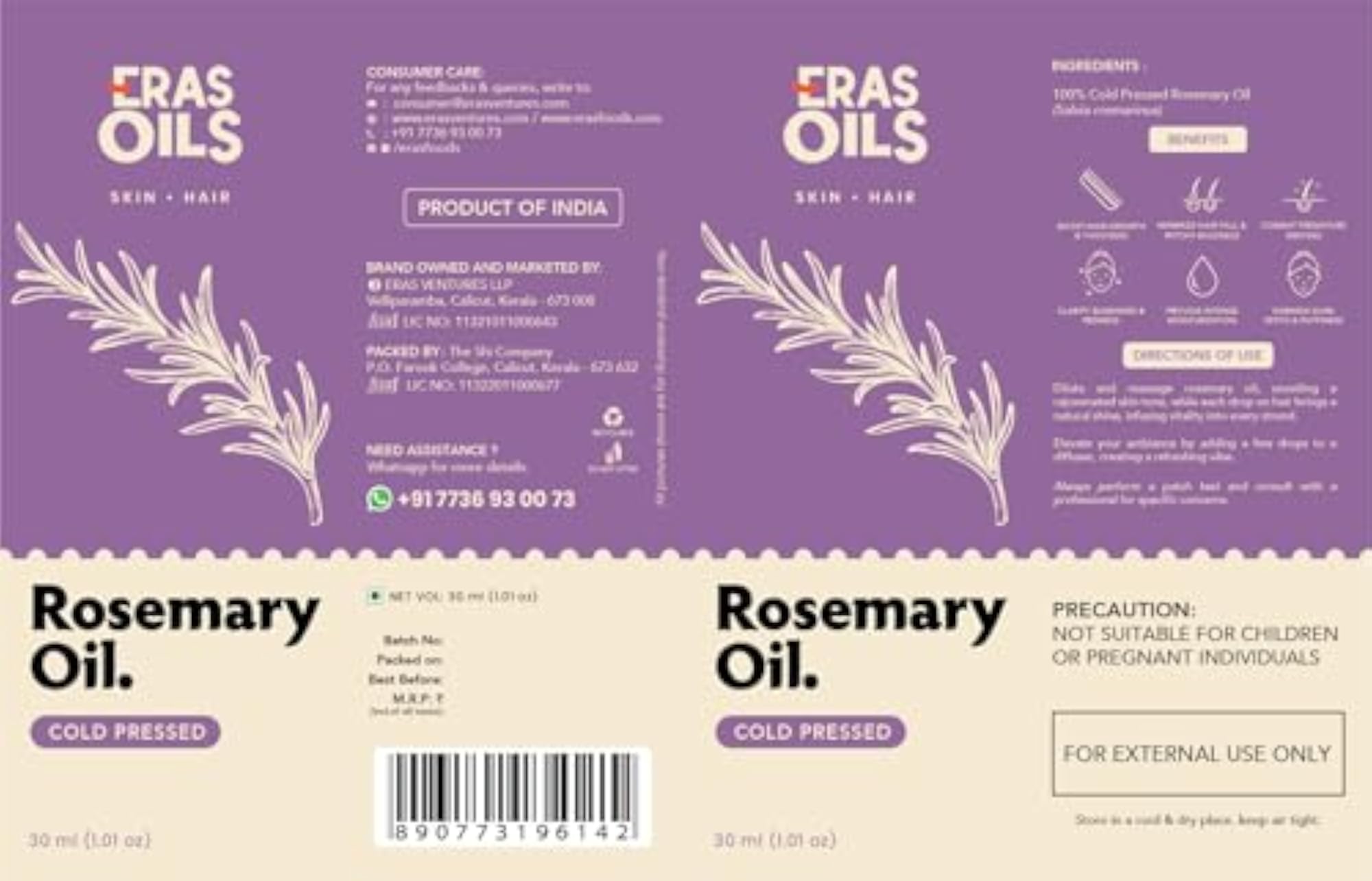 Rosemary Essential Oil, Cold Pressed, 30ml