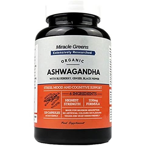 Organic Ashwagandha 1150mg | Boosted with Blueberry, Turmeric, Ginger, and Black Pepper | 120 Capsules for Mood, Anxiety & Stress Relief | Max Strength KSM-66 Ashwagandha from Root - 5% Withanolides Cover