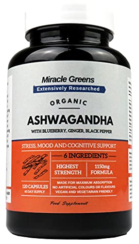 Organic Ashwagandha 1150mg | Boosted with Blueberry, Turmeric, Ginger, and Black Pepper | 120 Capsules for Mood, Anxiety & Stress Relief | Max Strength Ashwagandha from Root - 5% Withanolides