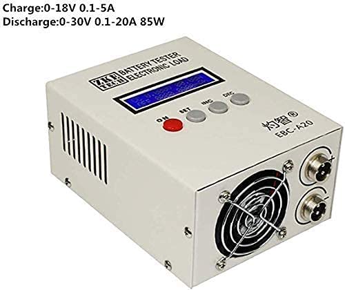 EBC-A20 battery tester with text overlay indicating charge parameters (0-18V 0.1-5A) and discharge parameters (0-30V 0.1-20A 85W).