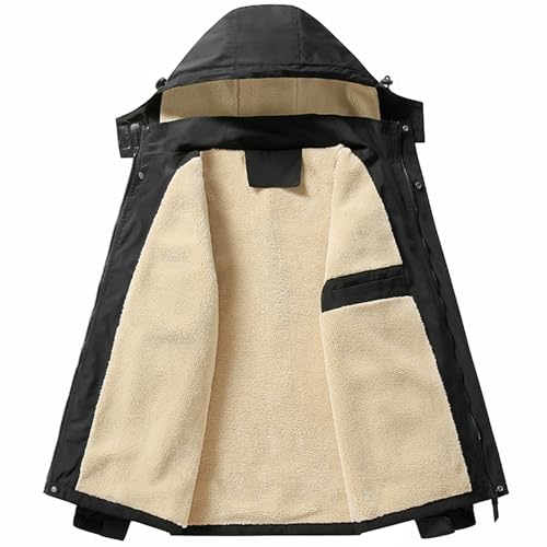 PEGENO Men's Winter Thick Hooded Jacket Fleece Lining Windproof Parka With Removable Hood Coat3