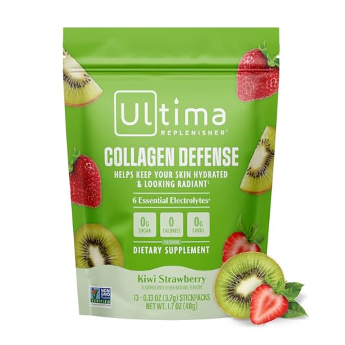 Ultima Replenisher Collagen Defense Supplement and Electrolytes Powder - Kiwi Strawberry 13 Stickpacks - Hydration Packets with Dermaval and Biotin that Keep Your Skin Hydrated and Looking Radiant